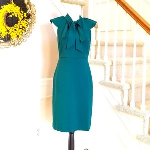 J Crew Green Neck-tie sheath dress ruffle sleeves